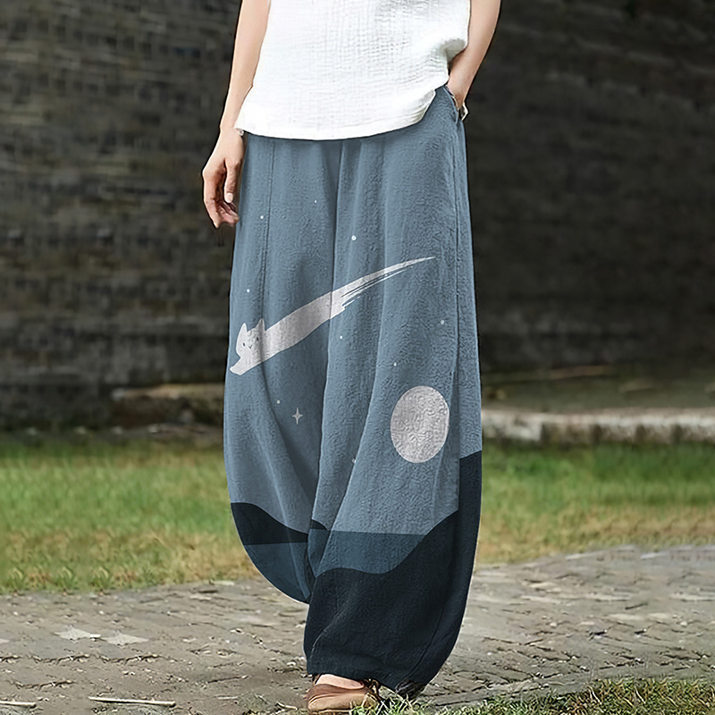Women's Casual Loose Cat Landscape Art Print Pants