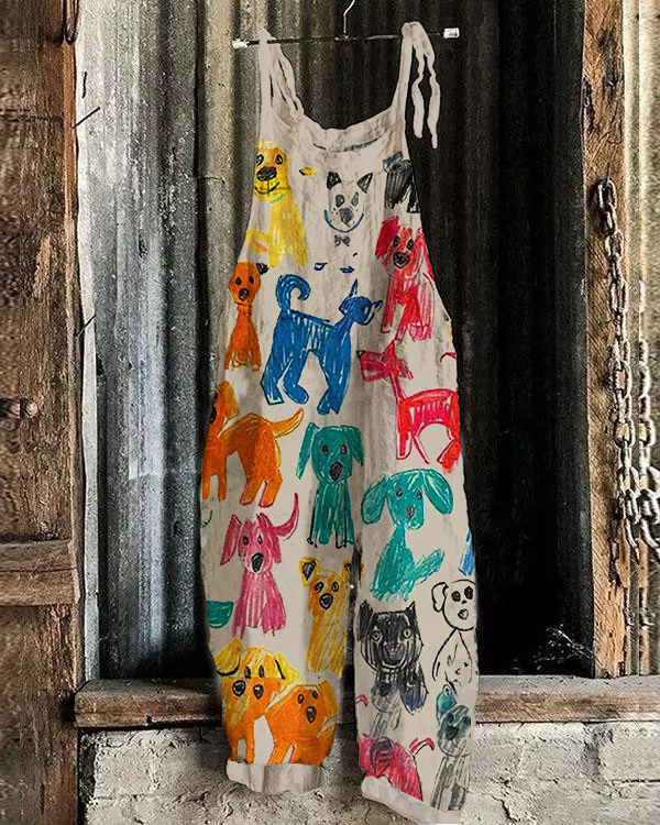 Colorful Dog Art Linen Blend Jumpsuit