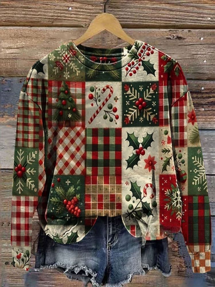 Retro Christmas Patchwork Art Prrint Casual  Sweatshirt