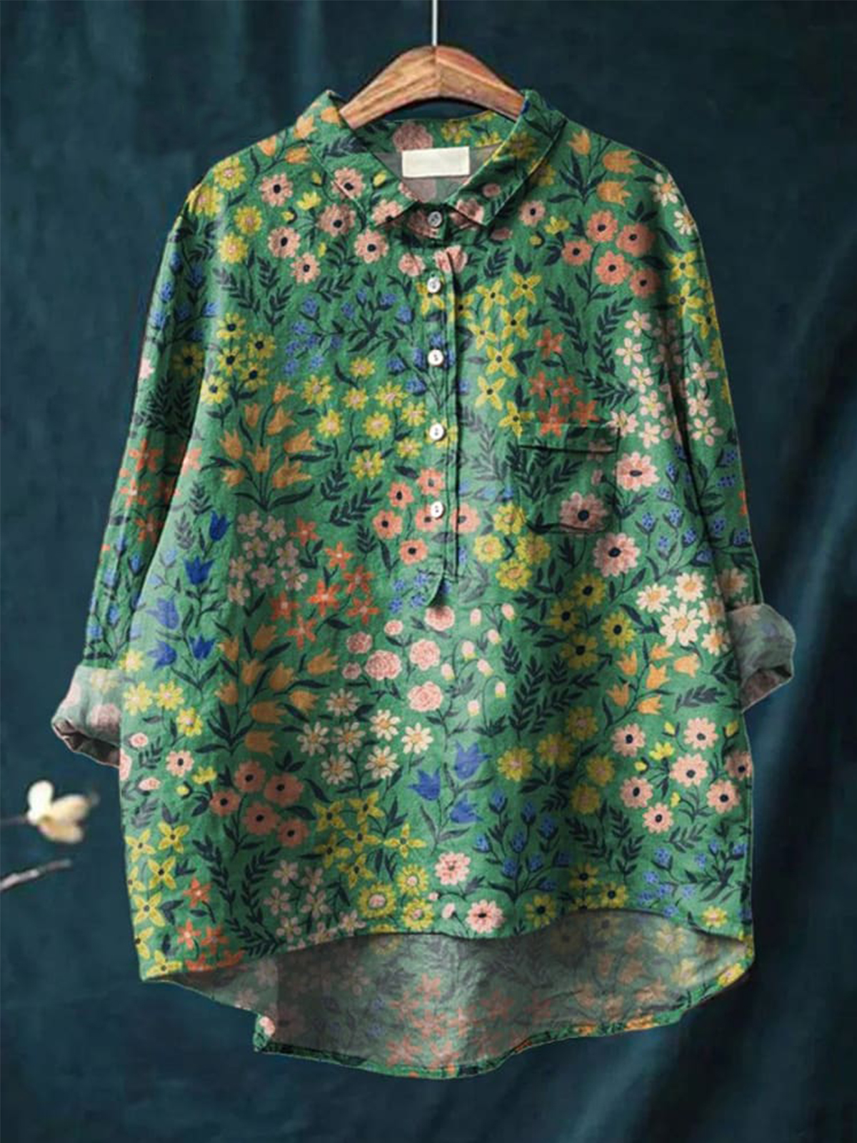 Vintage Lovely Floral Art Print Casual Cotton And Linen Shirt