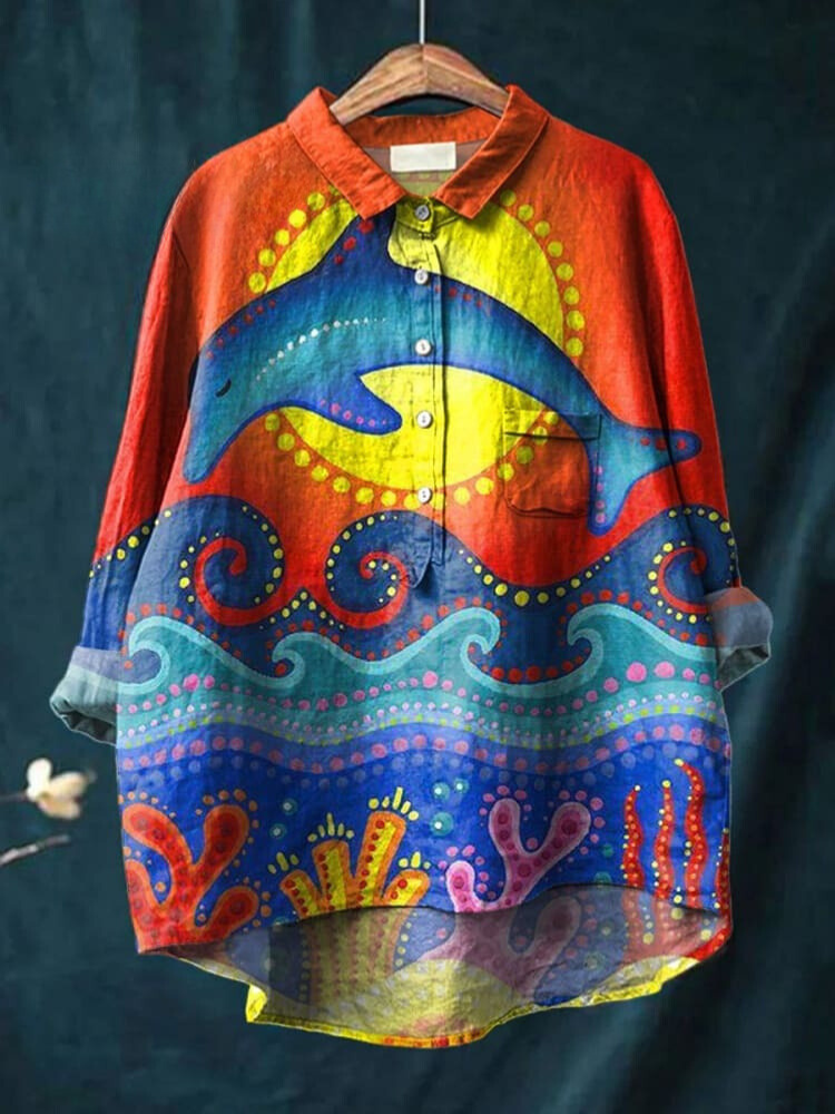 Sunset And Dolphin Art Printed Women's Casual Cotton And Linen Shirt