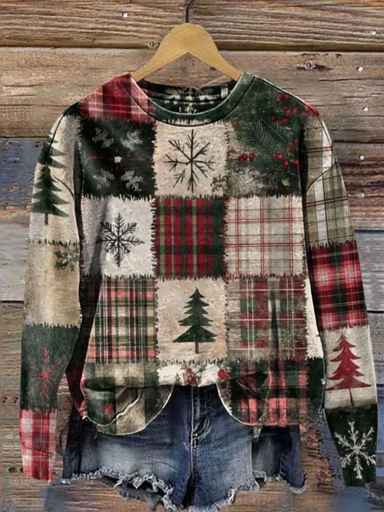 Retro Christmas Patchwork Art Prrint Casual  Sweatshirt