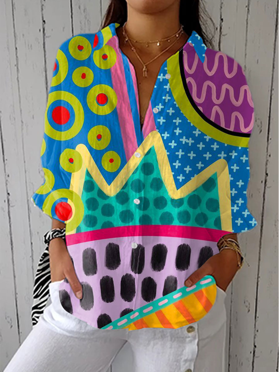 Women's  Vintage Abstract Geometry Art Print Casual V-neck Shirt