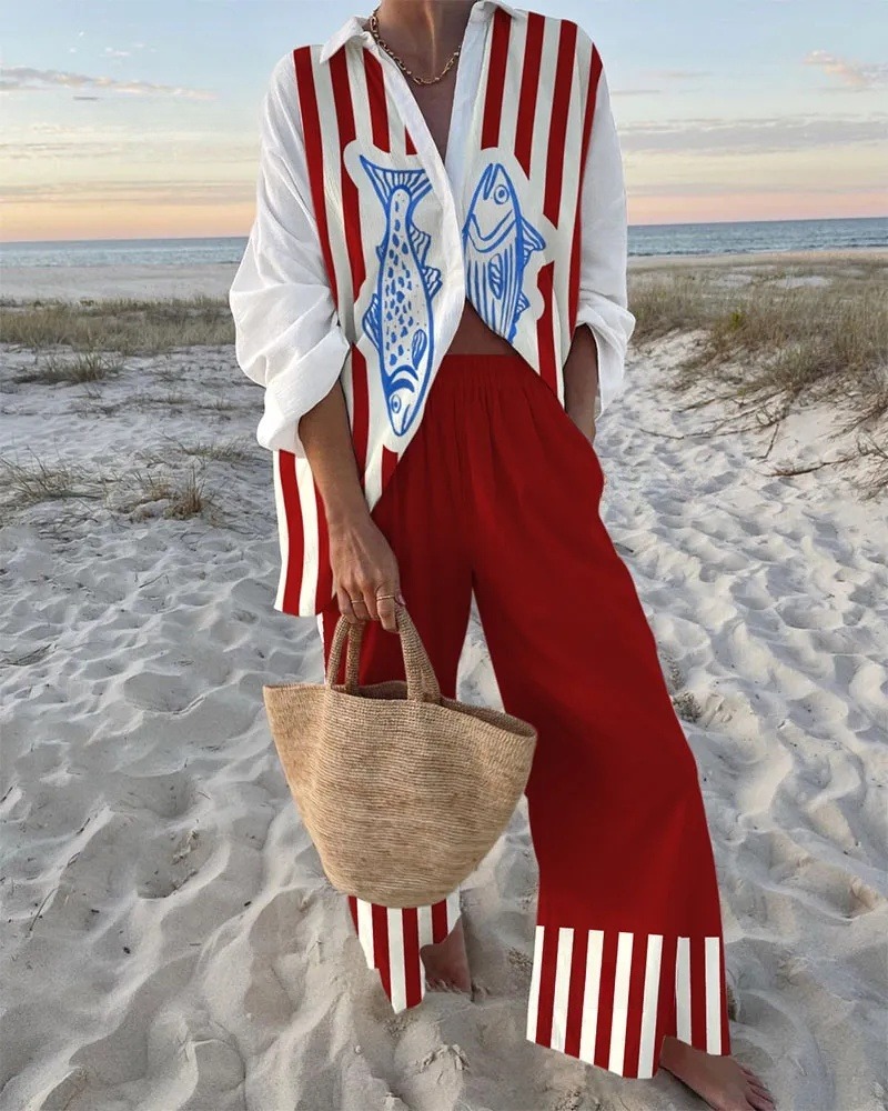 Vintage Striped Fish Print two piece set