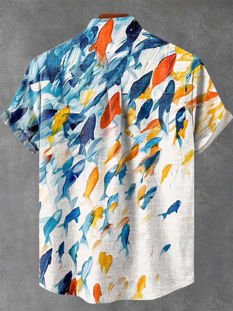 Blue Orange Abstract Fish Shoal Print Casual Shirt