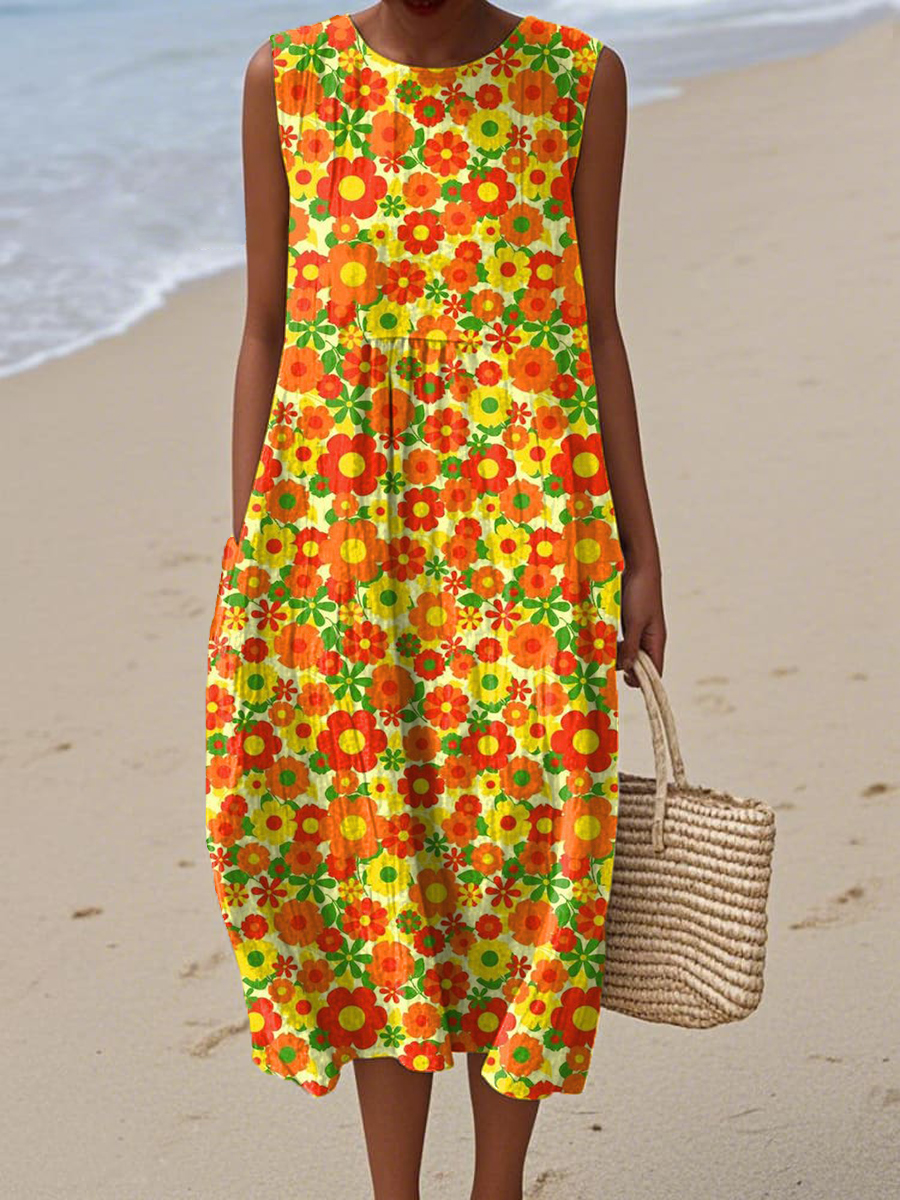 Women's Bright Red Flowers Flower Painting Art Print Sleeveless Cotton Pocket Wrap Dress