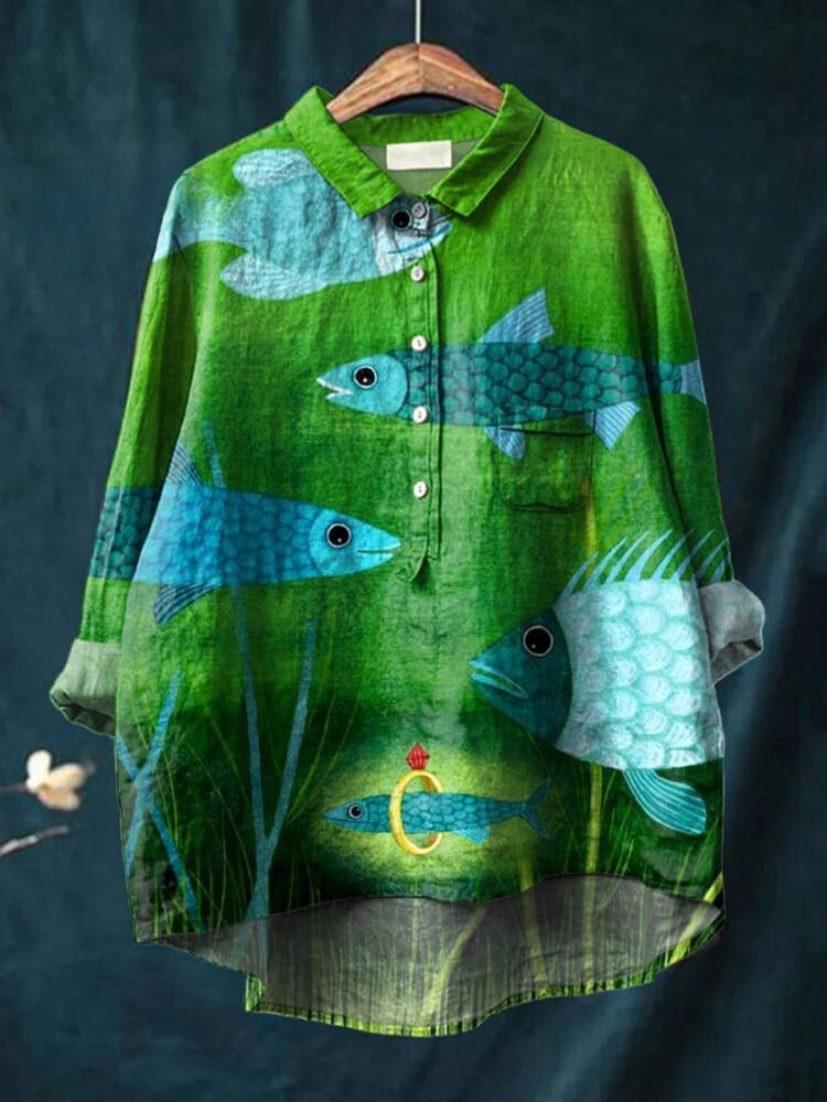 Pond Fish And Hidden Gem Art Printed Women's Casual Cotton And Linen Shirt