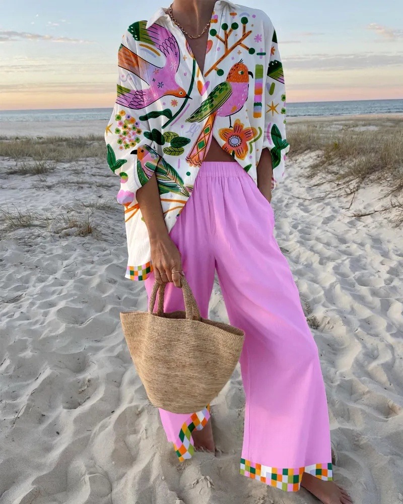 Two-Piece Bird Print Shirt & Pants Set