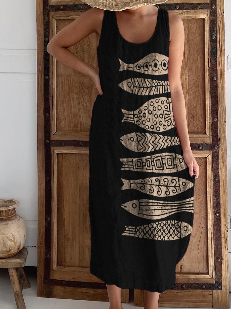 Fish Japanese Lino Art Linen Blend Tank Dress