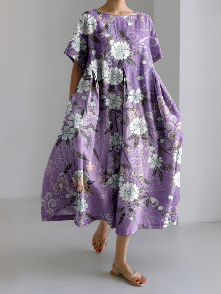 Japanese Art Flowers Linen Blend Casual Dress