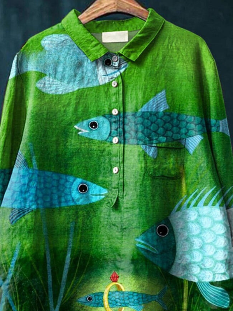 Pond Fish And Hidden Gem Art Printed Women's Casual Cotton And Linen Shirt