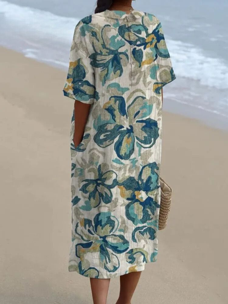 Women's Vintage Floral Art Print Pocket Linen Dress（Convertible Dress With Front And Back Option）