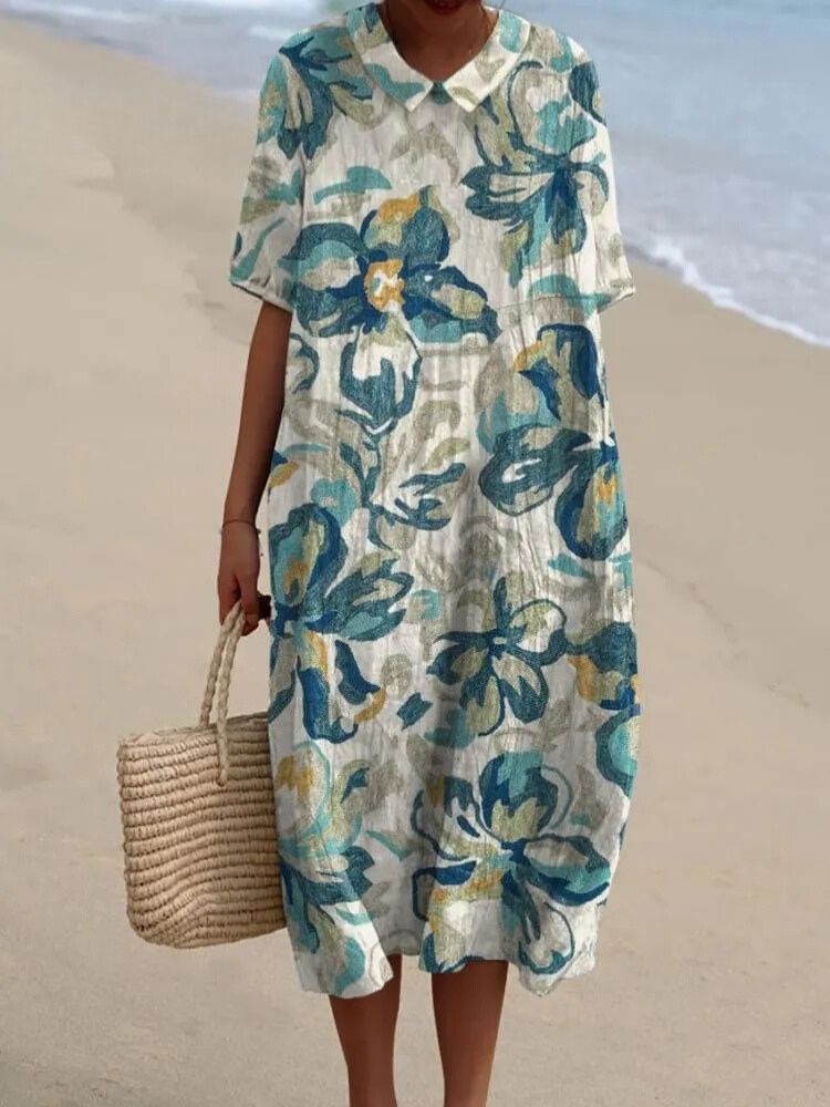 Women's Vintage Floral Art Print Pocket Linen Dress（Convertible Dress With Front And Back Option）