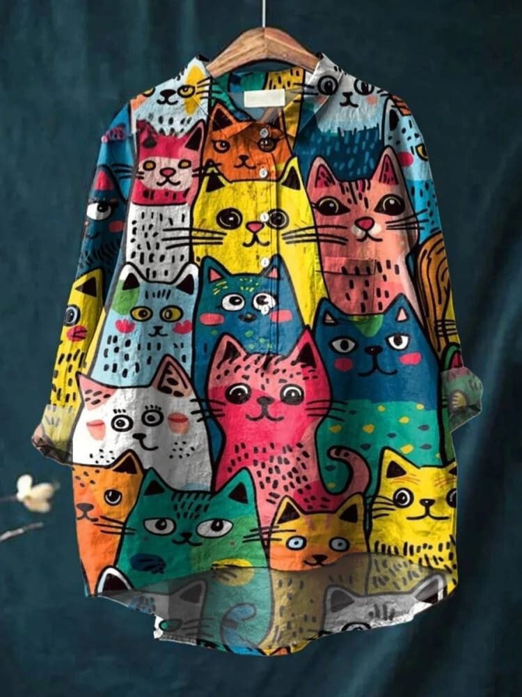 Women's Cute Cat Art Print Casual Cotton And Linen Shirt