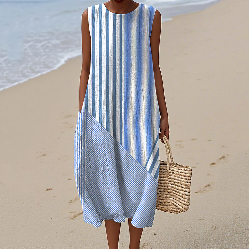 Retro Stripes Pattern Comfy Linen Tank Dress
