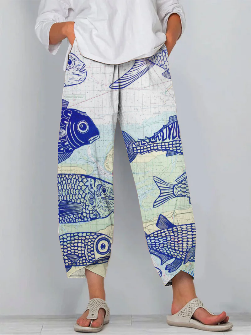 Japanese Multicolor Sardines Art Print Cropped Pants