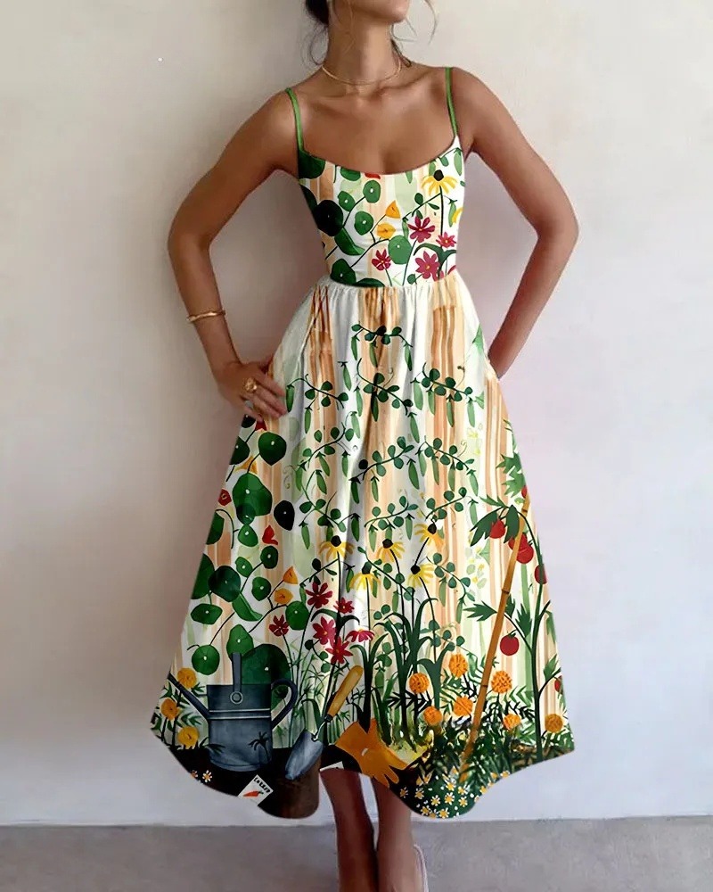 Pastoral Scenery Printed Sling Dress