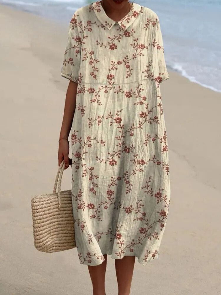 Women's Vintage Floral Art Print Pocket Linen Dress（Convertible Dress With Front And Back Option）