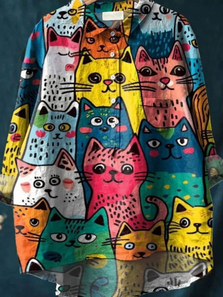 Women's Cute Cat Art Print Casual Cotton And Linen Shirt