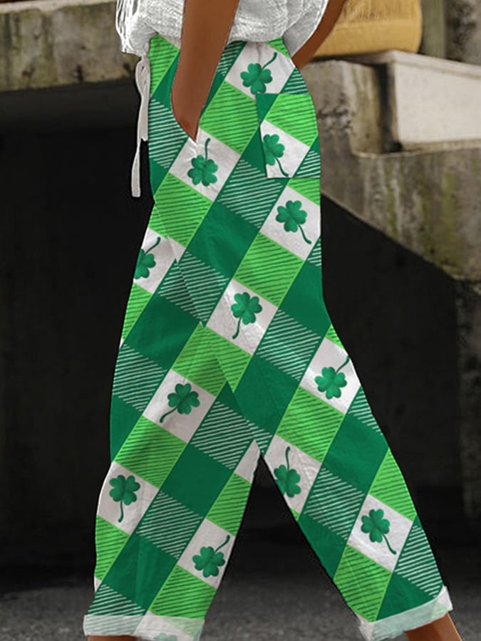 Women's St. Patrick's Day Printed Lace-Up Loose Casual Pants