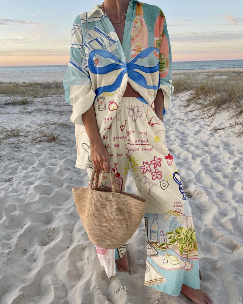 Cute Bow Print Shirt & Pants Two-Piece Set