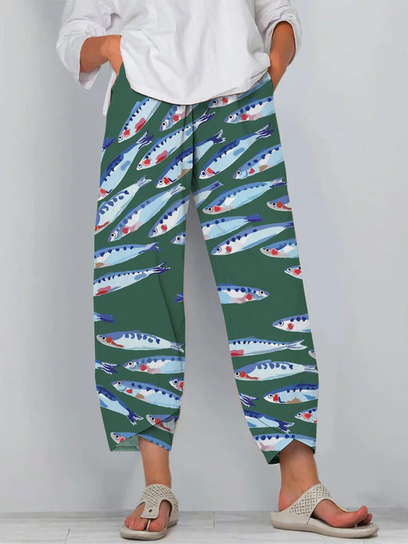 Japanese Red Sardines Art Print Cropped Pants