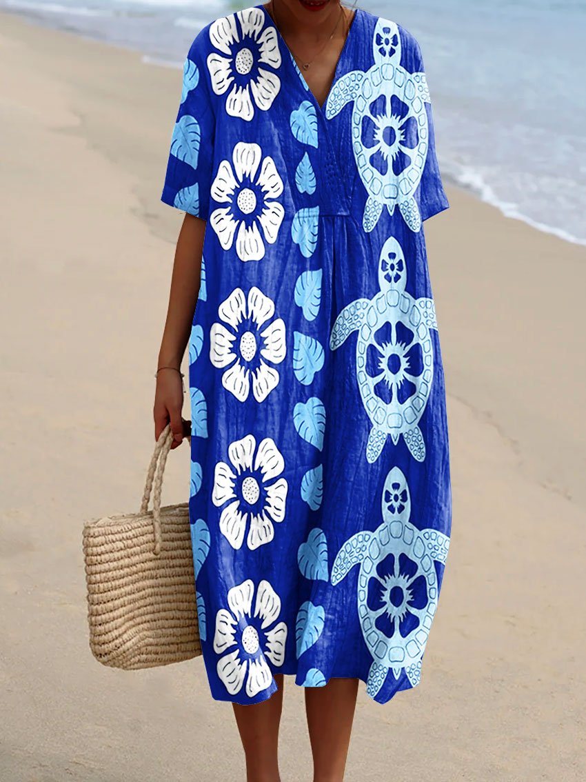 Women's Vintage Ocean Turtle Art Print Flowy Dress