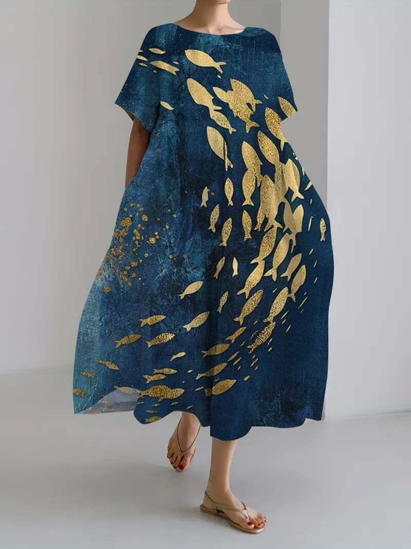 Ladies Art Painting Casual Loose Short Sleeve Dress