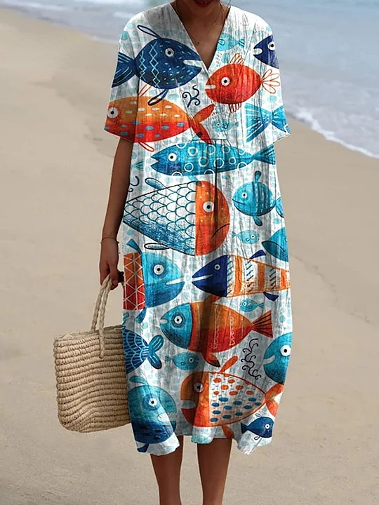 Watercolor Cartoon Fish Pattern Printed Women's Flowy Dress
