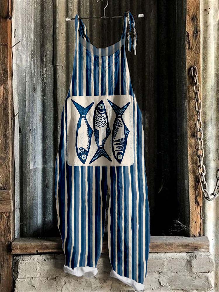 Women's Striped Colorblock Fish Art Print Casual   Jumpsuit