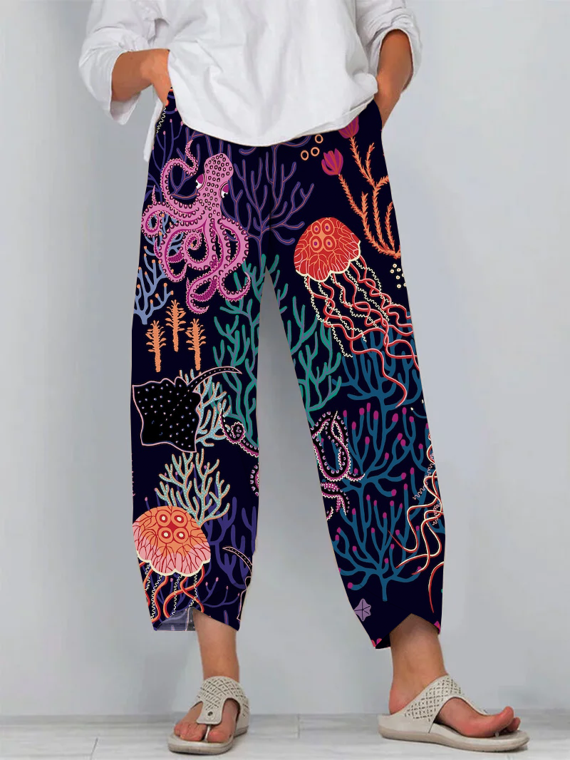 Casual Deep Sea Art Print Cropped Pants