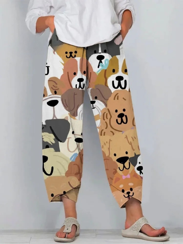 Cartoon Dog Print Loose Cropped Casual Pants