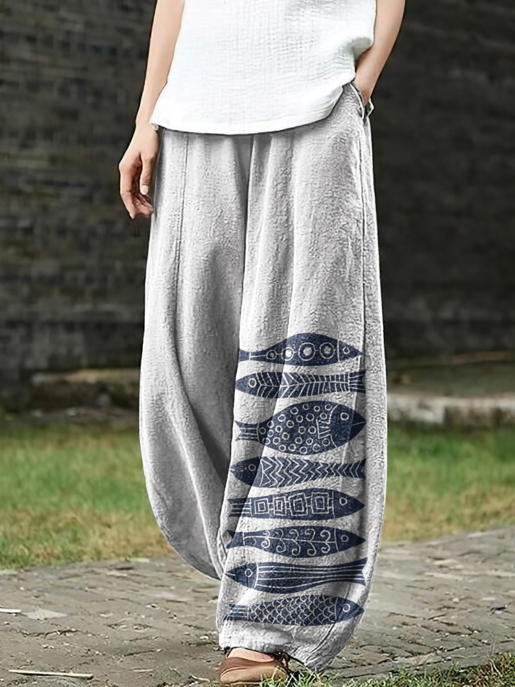 Women's Japanese Art Fish Pocket Loose Casual Pants