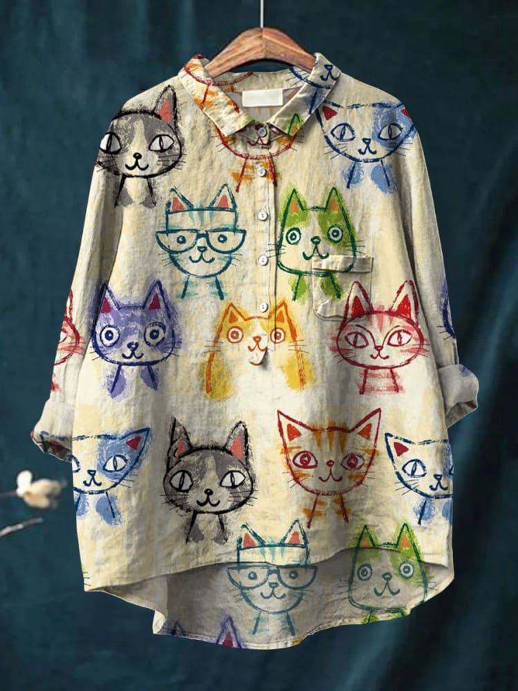 Women's Cute Cat Art Print Casual Cotton And Linen Shirt