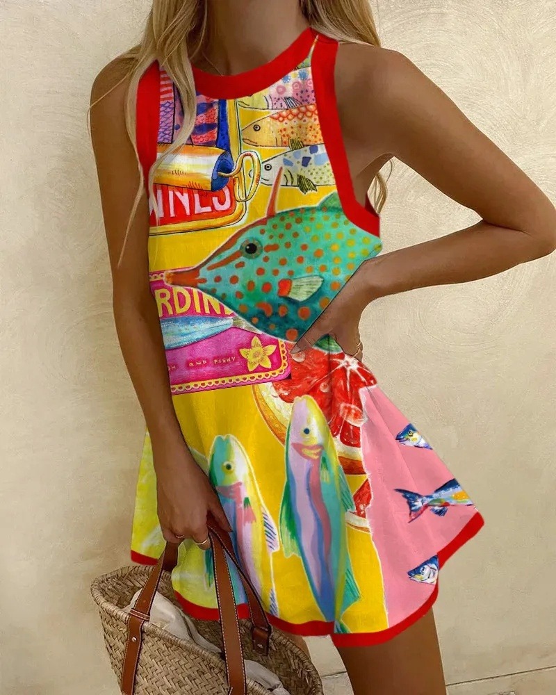 Colored Fish Puzzle Printed Sleeveless Dress