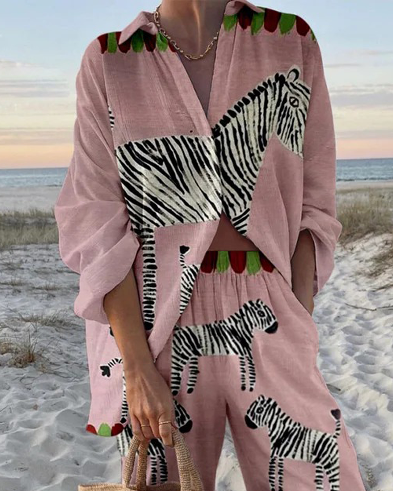 Vintage Zebra Print Shirt & Pants Two-piece Set