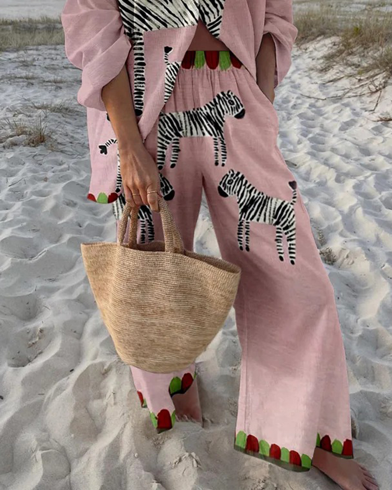 Vintage Zebra Print Shirt & Pants Two-piece Set