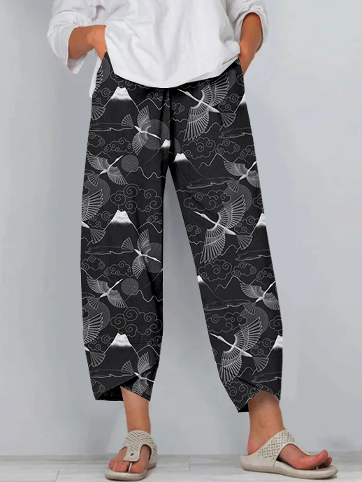 Japanese Mount Fuji & Cranes Art Cropped Casual Pants