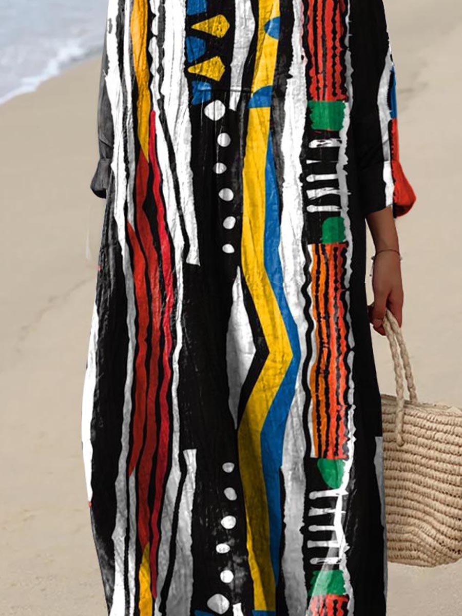 Women's Vintage Geometric Striped Pattern Art Print Flowy Dress