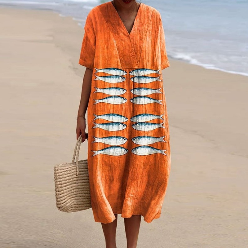 Women's Vintage Fish Art Print Casual Cotton And Linen Shirt