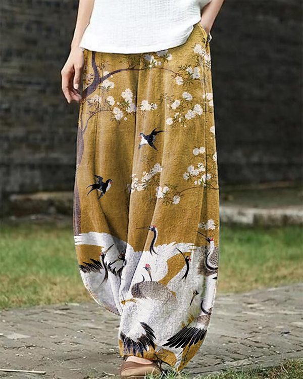 Japanese Crane Floral Art Print Vintage Loose Pants