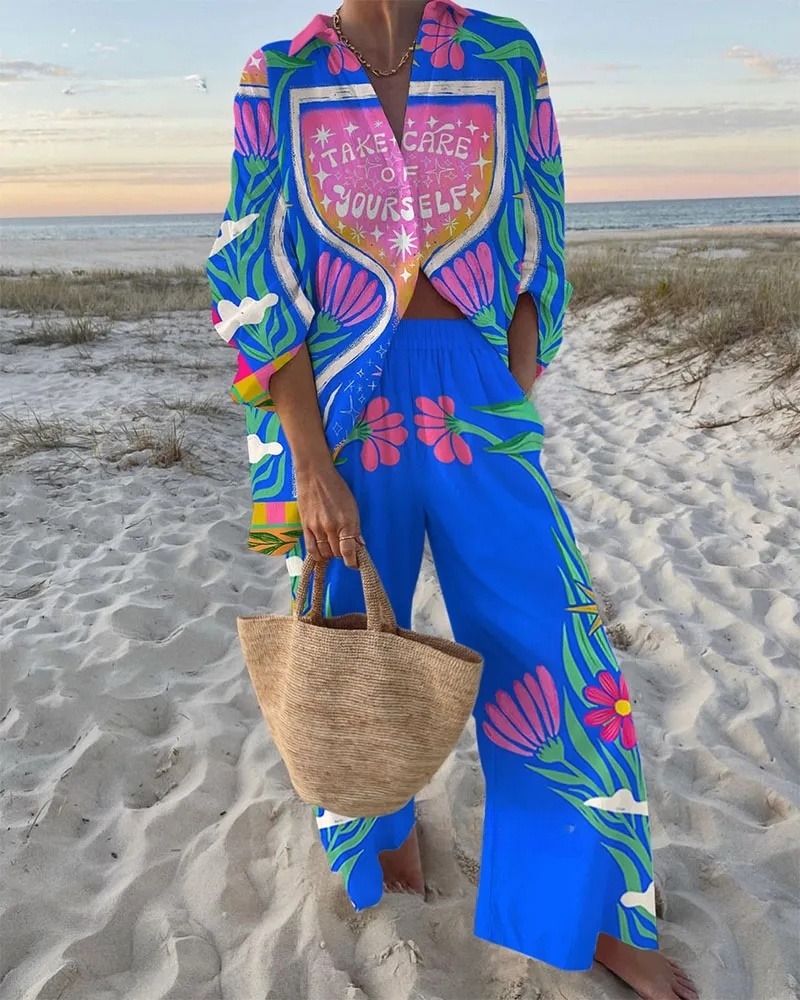 Hourglass Flower Print Shirt & Pants Two-Piece Set