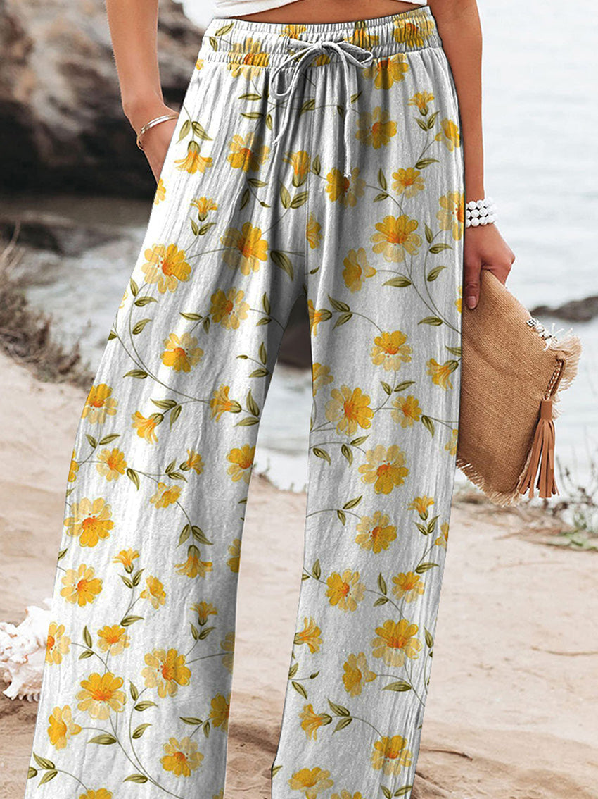 Watercolor Buttercup Floral Pattern Printed Women's Casual Pants