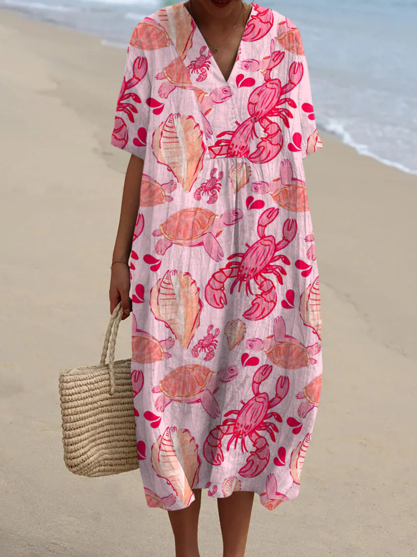 Women's Vintage Ocean World Print Flowy Dress