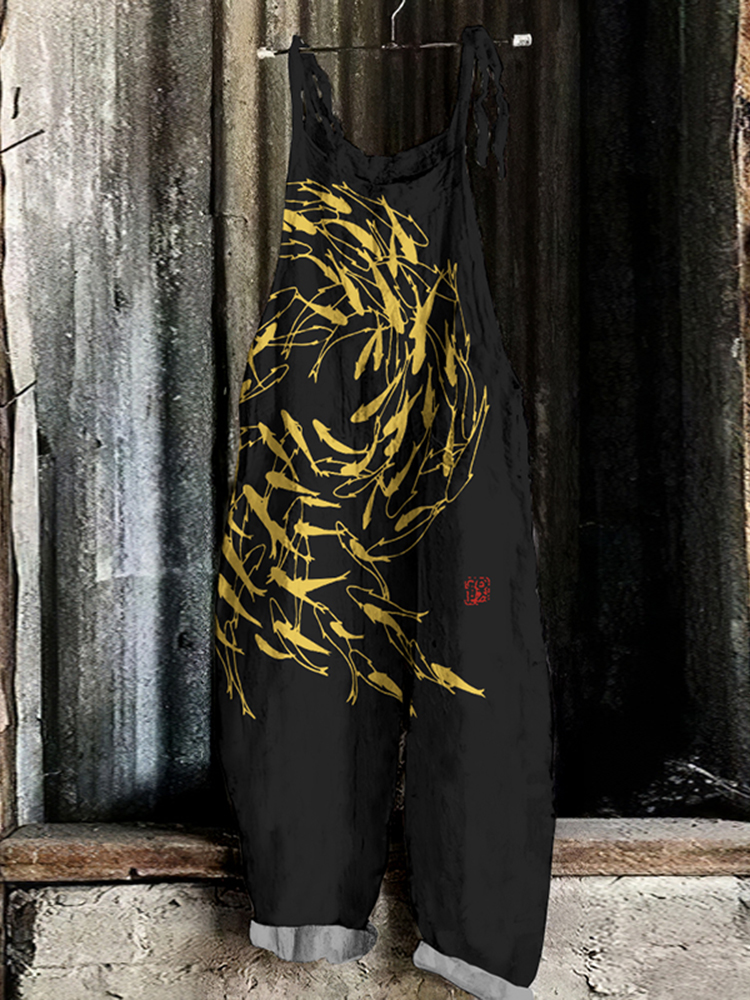 Vintage Flock Of Fish Graphic Painting Art Loose Jumpsuit