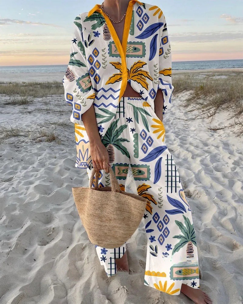 Beach Coconut Print Shirt & Pants Two-Piece Set