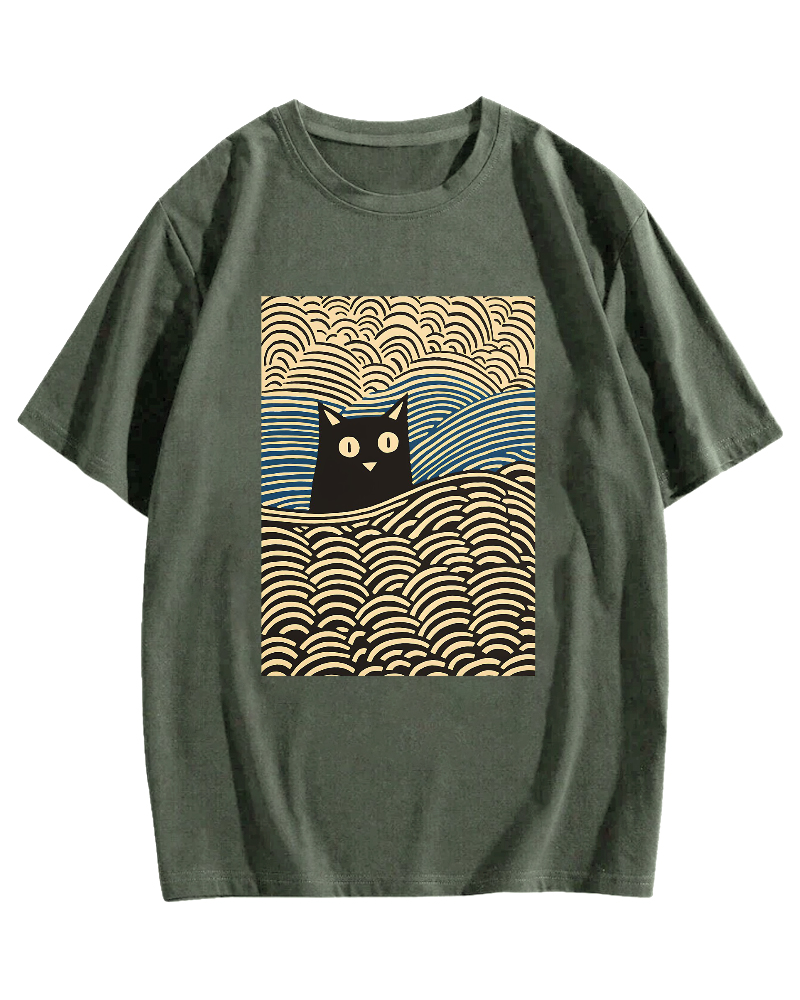 Wave Japanese Cat Art Cotton casual T-shirt