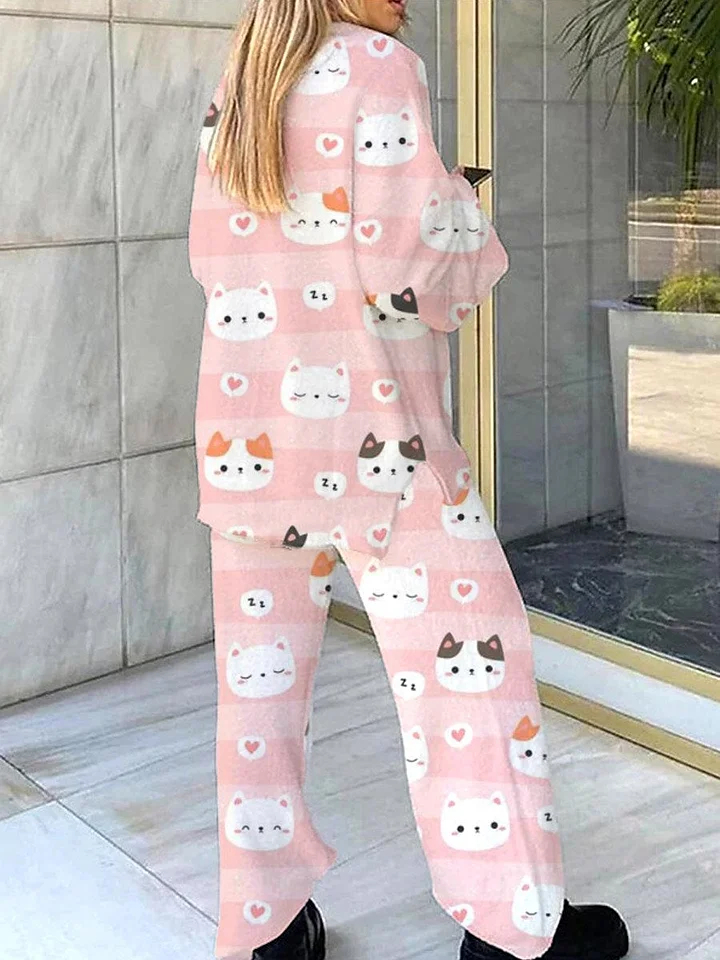 Ladies Pink Cat Furry Polar Fleece Cute Pajama Set