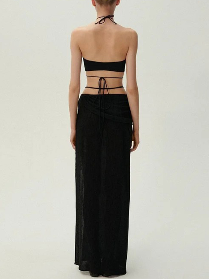 Halterneck Pearl Bandeau High Waist Bikini Swimsuit and Sarong