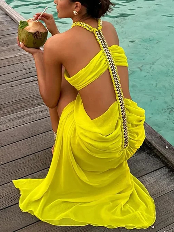Yellow Halter Neck Backless Maxi Dress
